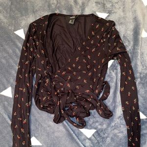 Black floral cross over tie shirt